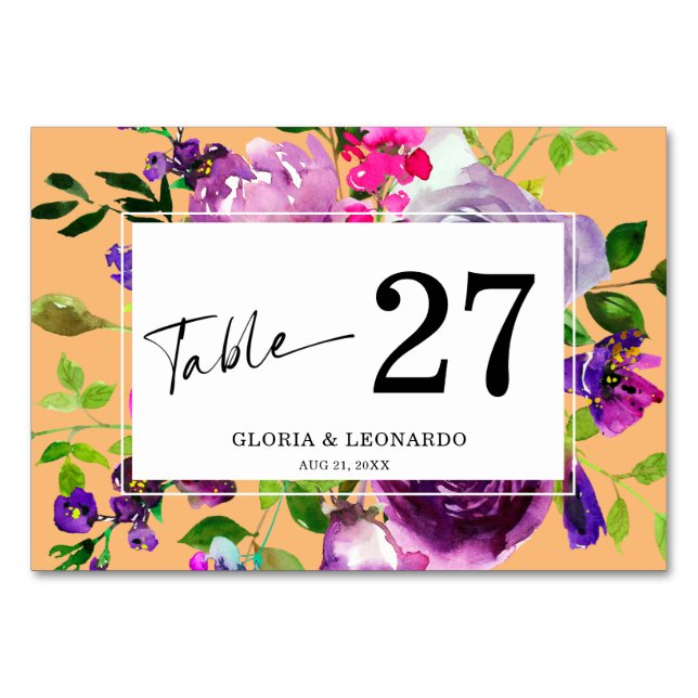 Tarjeta De Mesa Número de tabla de Boda de floral morado románico (Anverso)