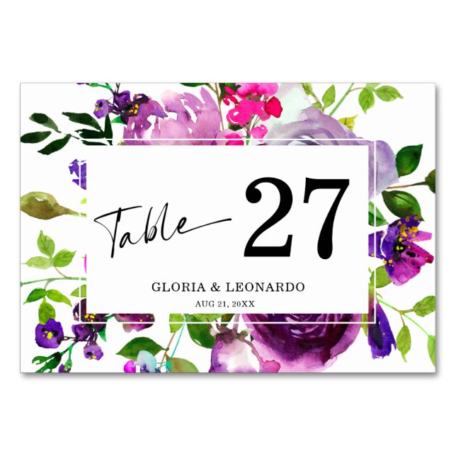 Tarjeta De Mesa Número de tabla de Boda de floral morado románico (Anverso)