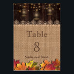 Tarjeta De Mesa Número de tabla de Boda de madera de leña de color<br><div class="desc">Diseño único de cartas con hermosos encajes beige,  burlap,  madera antigua,  lámparas antiguas y hojas de otoño coloridas. Utilice la herramienta Personalizar para agregar su información. Vea también mi colección de Bodas Burlap de Fall Old Lanterns.</div>
