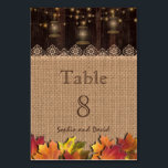 Tarjeta De Mesa Número de tabla de Boda de madera de leña de color<br><div class="desc">Diseño único de cartas con hermosos encajes beige,  burlap,  madera antigua,  lámparas antiguas y hojas de otoño coloridas. Utilice la herramienta Personalizar para agregar su información. Vea también mi colección de Bodas Burlap de Fall Old Lanterns.</div>
