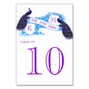 Tarjeta De Mesa Número de tabla de Boda de pavo real azul