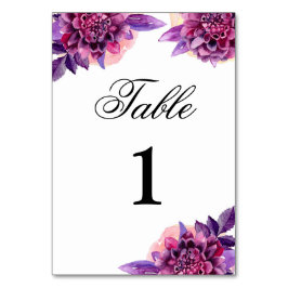 Tarjeta De Mesa Número de tabla de boda púrpura. Floral acuarela