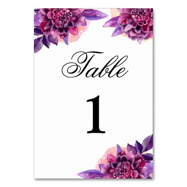 Tarjeta De Mesa Número de tabla de boda púrpura. Floral acuarela (Anverso)