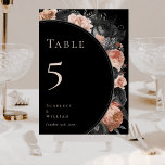 Tarjeta De Mesa Número de tabla de Boda Rubor negro vintage gótico<br><div class="desc">Este número de la mesa de boda gótico de color negro negro negro es un oscuro lienzo de romance y elegancia intemporal. Este diseño presenta motivos tradicionales entrelazados con una estética monótona que recuerda al otoño. Delicados rosas polvorientos de acuarela y arreglos florales de color oscuro bailan a través del...</div>