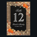 Tarjeta De Mesa Número de tabla de bodas en otoño en el país rústi<br><div class="desc">Números de tabla de boda de cosecha rústica con fondo de madera de moda de campo, pieza central de pizarra negra, cuerda, calabazas de halloween, follaje de otoño, bellotas, una dispersión de hojas de otoño, luces de tejas y una plantilla personalizada de número de tabla. Para una mayor personalización, haga...</div>