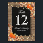 Tarjeta De Mesa Número de tabla de bodas en otoño en el país rústi<br><div class="desc">Números de tabla de boda de cosecha rústica con fondo de madera de moda de campo, pieza central de pizarra negra, cuerda, calabazas de halloween, follaje de otoño, bellotas, una dispersión de hojas de otoño, luces de tejas y una plantilla personalizada de número de tabla. Para una mayor personalización, haga...</div>