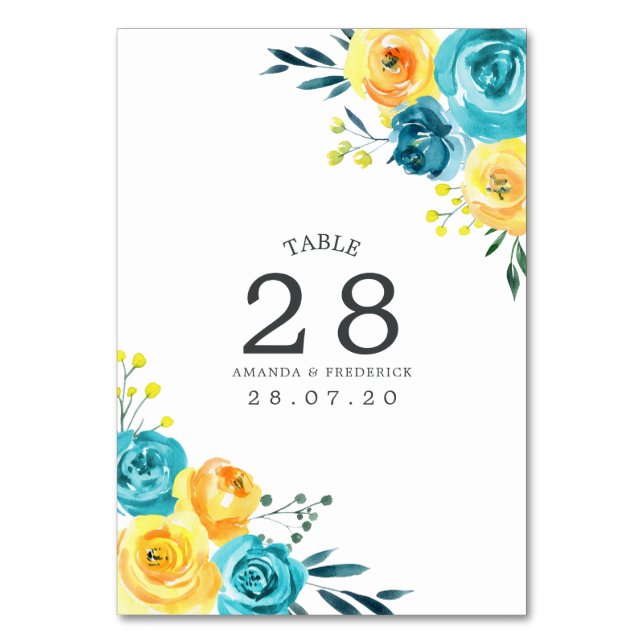 Tarjeta De Mesa Número de tabla de Bodas florales amarillos y turq (Anverso)