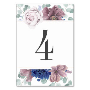 Tarjeta De Mesa Número de tabla de Bodas florales azules de malva