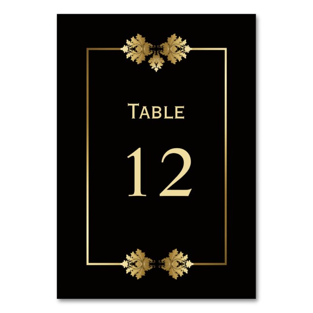 Tarjeta De Mesa Número de tabla de Bodas modernos en negro y oro (Anverso)