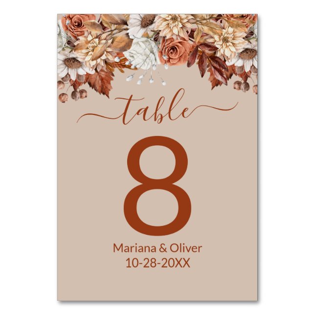 Tarjeta De Mesa Número de tabla de caída floral beige (Anverso)