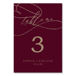 Tarjeta De Mesa Número de tabla de caligrafía romántica de borgoña