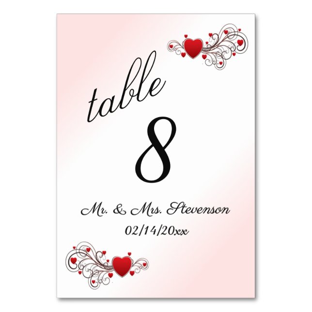 Tarjeta De Mesa Número de tabla de corazones rosados (Anverso)