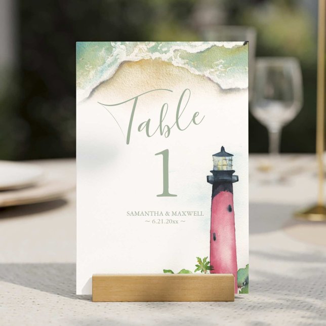 Tarjeta De Mesa Número de tabla de faro de acuarela Júpiter (Beach wedding Jupiter lighthouse table number features watercolor art by Victoria Grigaliunas)
