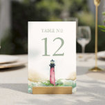 Tarjeta De Mesa Número de tabla de faro de la decoración de la bod<br><div class="desc">Aumente su decoración de boda con temática playera con nuestros cautivadores números de mesa, que forman parte de la exquisita suite de papelería Júpiter del Do Tell A Belle. Cada pieza está adornada con una hermosa reproducción de arte acuático original en tonos rojos, turquesas y verdes, y se puede personalizar...</div>