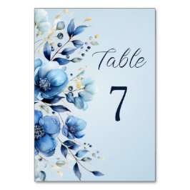 Tarjeta De Mesa Número de tabla de flores azules de color de agua