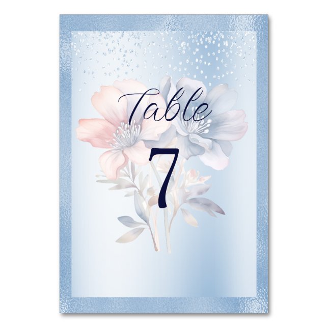 Tarjeta De Mesa Número de tabla de flores azules rosadas (Anverso)