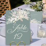 Tarjeta De Mesa Número de tabla de follaje botánico verde salado<br><div class="desc">Tarjeta de número de tabla verde sabio con caligrafía elegante y número de personalizado. Este diseño botánico tiene un dosel de foliage acuarela con ramo de hojas en cascada en tonos de almendras de trigo palomino de color crema. Diseño elegante y frondoso con un estilo moderno y una suave paleta...</div>
