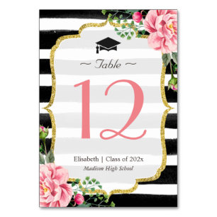 Tarjeta De Mesa Número de tabla de graduación rayada de flores ros