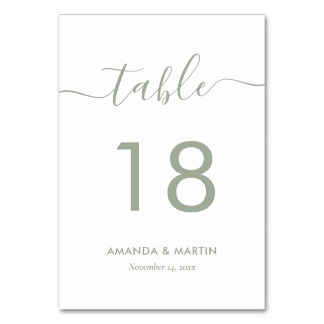 Tarjeta De Mesa Número de tabla de guión moderno verde sage (Anverso)