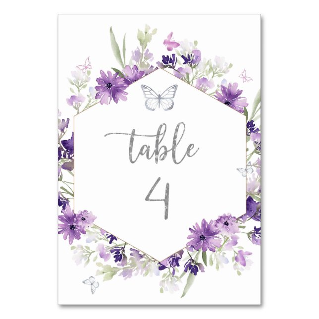 Tarjeta De Mesa Número de tabla de mariposa morada de plata floral (Anverso)