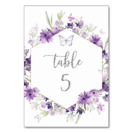 Tarjeta De Mesa Número de tabla de mariposa morada de plata floral