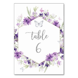 Tarjeta De Mesa Número de tabla de mariposa morada de plata floral