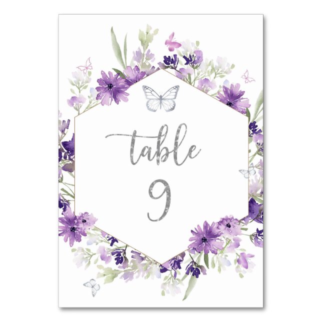 Tarjeta De Mesa Número de tabla de mariposa morada de plata floral (Anverso)