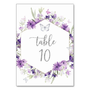 Tarjeta De Mesa Número de tabla de mariposa morada de plata floral