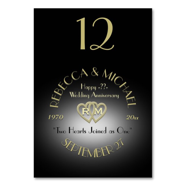 Tarjeta De Mesa Número de tabla de monograma negro y oro (Anverso)