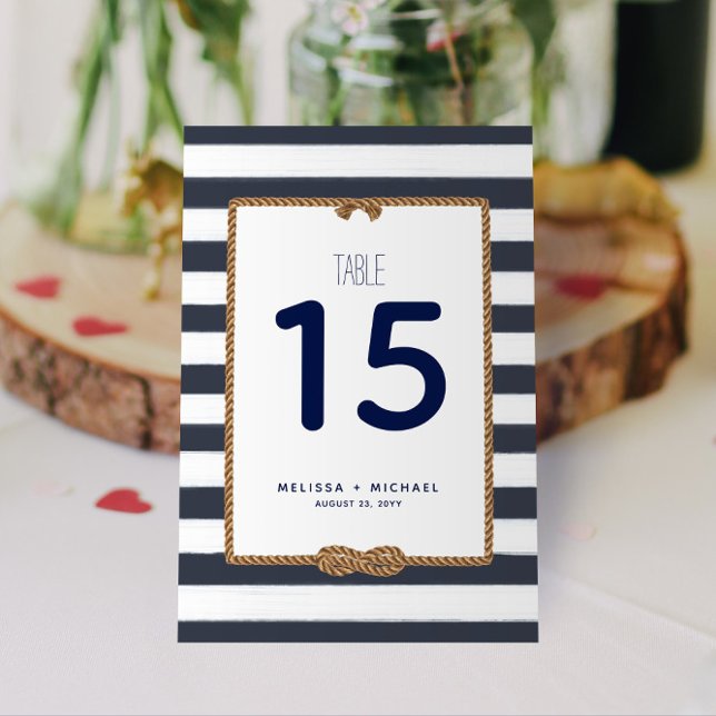 Tarjeta De Mesa Número de tabla de nudos náuticos azul de la marin (Nautical Stripes and Infinity Knot Navy and White Table Numbers for Your Wedding, Shower, or Event!)