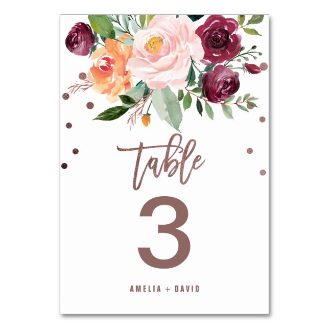 Tarjeta De Mesa Número de tabla de oro del Rosa floral otoñal (Anverso)