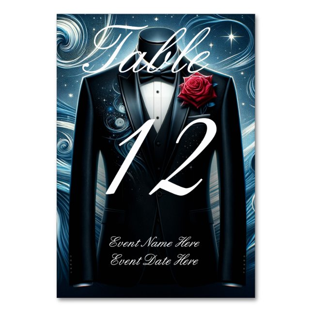 Tarjeta De Mesa Número de tabla de Tuxedo moderno negro y azul (Anverso)