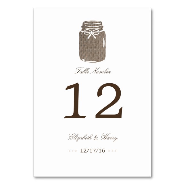 Tarjeta De Mesa Número de tabla del Boda de Burlap Mason Jar ruso (Anverso)