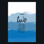Tarjeta De Mesa Número de tabla del Boda de color azul de la playa<br><div class="desc">Este diseño está decorado en tonos azules y acuáticos en la playa. Los bonitos colores azules contrastan unos con otros creando una mezcla de océano. Un sencillo y elegante patrón de ondas acuáticas crea el equilibrio perfecto de trazos geométricos con trazos de pintura a mano libre. El diseño moderno de...</div>