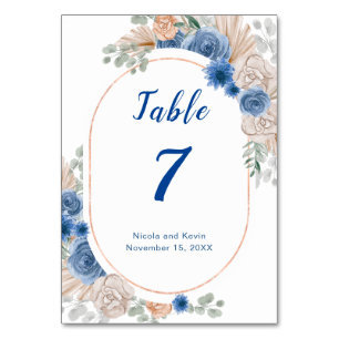 Tarjeta De Mesa Número de tabla del Boda de gramíneas Boho Blue Pa