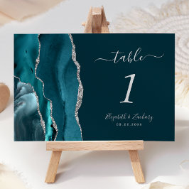 Tarjeta De Mesa Número de tabla del Boda del Agate de Plata Azul v