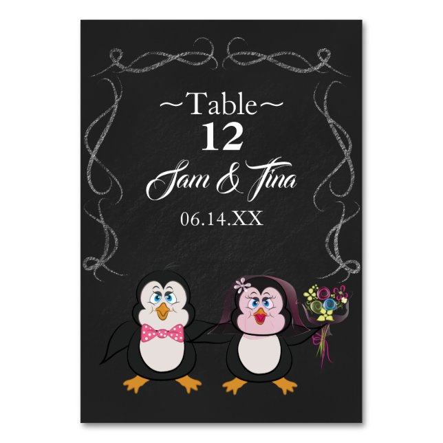 Tarjeta De Mesa número de tabla del boda del pingüino lindo (Anverso)