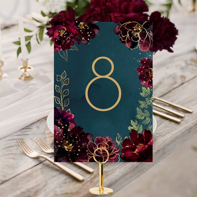 Tarjeta De Mesa Número de tabla del Boda del tono de joyería de bu (Teal Bordeaux Jewel Tone Wedding Table Number Card)
