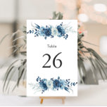 Tarjeta De Mesa Número de tabla del boda floral azul<br><div class="desc">Un bonito diseño azul y blanco con flores pintadas de color azul acuático. El texto y los colores de esta tarjeta se pueden personalizar.</div>