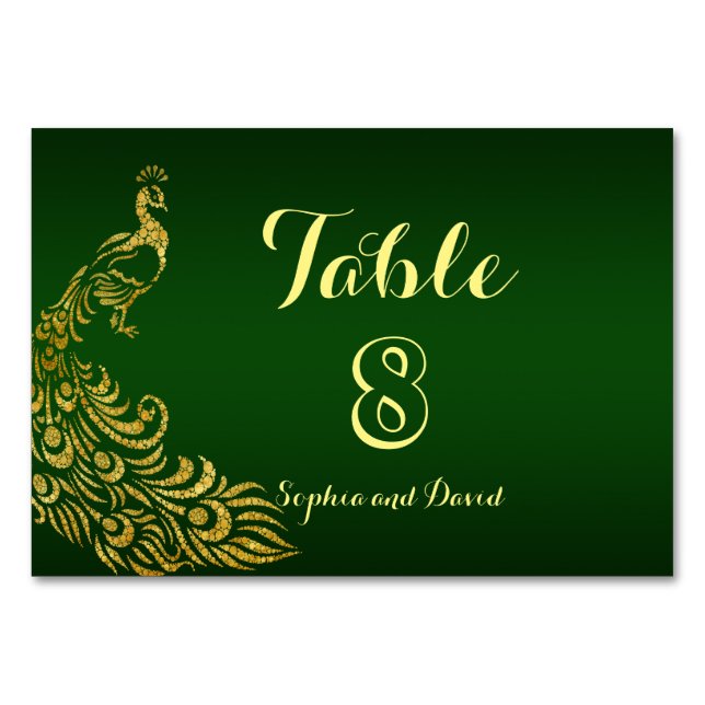Tarjeta De Mesa NÚMERO DE TABLA DEL Boda Royal Green Gold Peacock (Anverso)