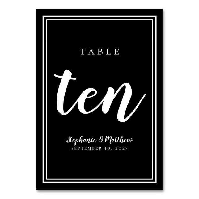 Tarjeta De Mesa Número de tabla diez | Boda blanco negro simple (Anverso)
