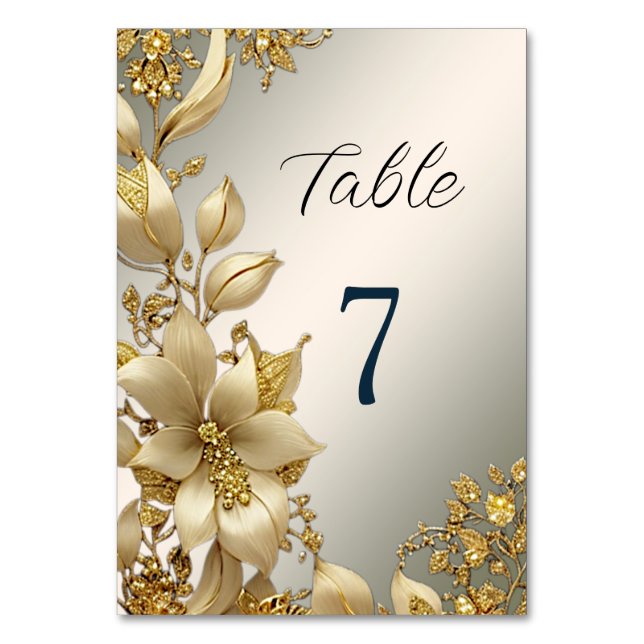 Tarjeta De Mesa Número de tabla dorada floral (Anverso)