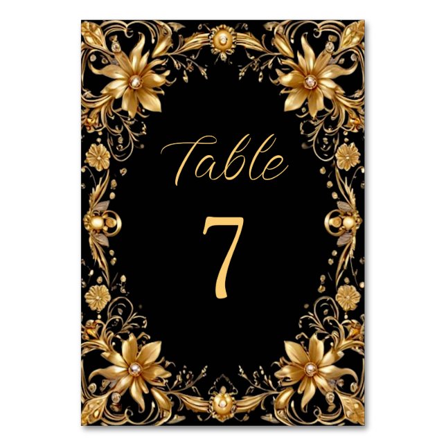 Tarjeta De Mesa Número de tabla dorada floral (Anverso)