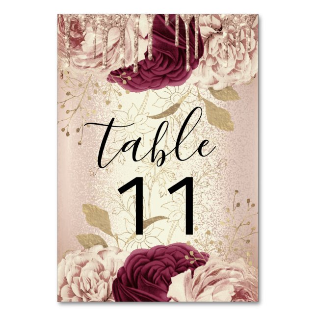 Tarjeta De Mesa Número de tabla Dris Florals Rosa Marsala Borgoña (Anverso)