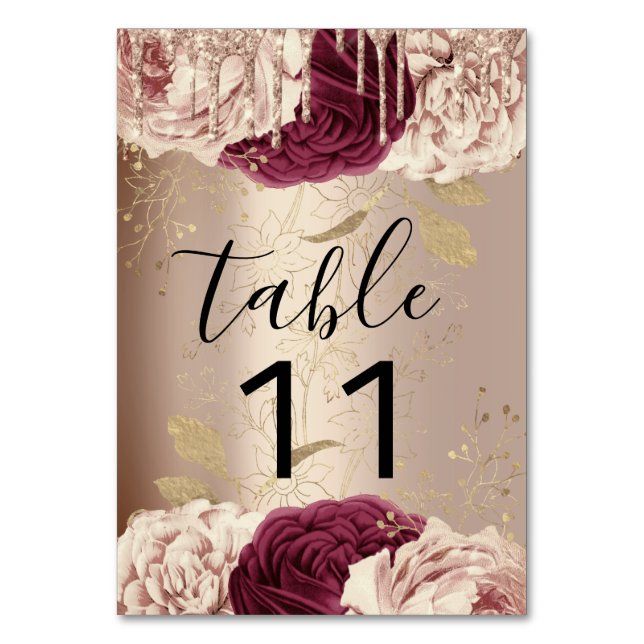 Tarjeta De Mesa Número de tabla Drits Florals Rosa Marsala Burgund (Anverso)