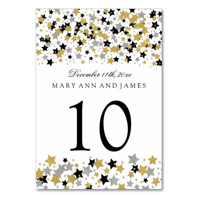 Tarjeta De Mesa Número de tabla Estrellas de oro y plata Purpurina (Reverso)
