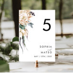 Tarjeta De Mesa Número de tabla floral blanca<br><div class="desc">Diseñamos este número de la mesa Floral Blanca para completar su rústico boda tropical oscuro. Con su vegetación bohemia acuática y sus modernas flores bohemias de invierno, como protea, dahlia y loto seco, el diseño seguro que desprenderá su temática verde y blanca minimalista. Cambie el texto y agregue una foto...</div>