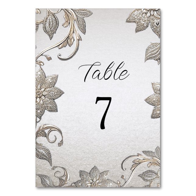 Tarjeta De Mesa Número de tabla floral de oro plateado (Anverso)