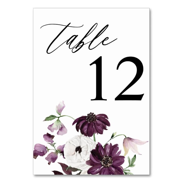 Tarjeta De Mesa Número de tabla floral púrpura y blanca (Anverso)