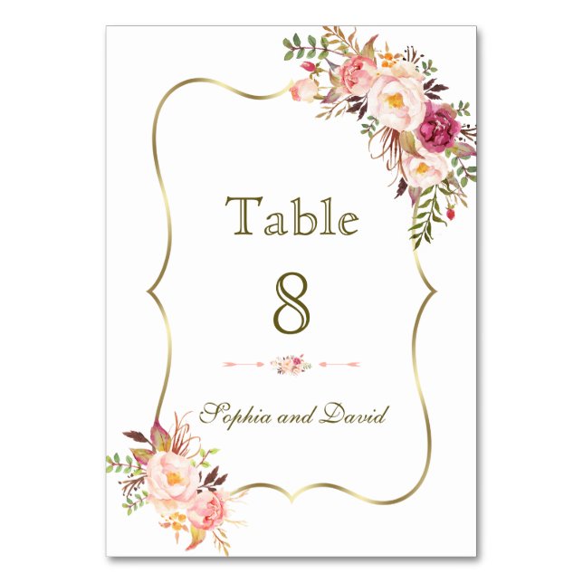 Tarjeta De Mesa Número de tabla floral rosa Charm Gold Rubor (Anverso)